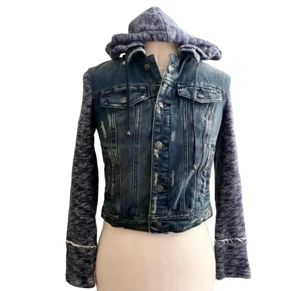 LAST CALL Free People Jean Jacket Women’s XS Denim Jacket Hooded Knit Distressed